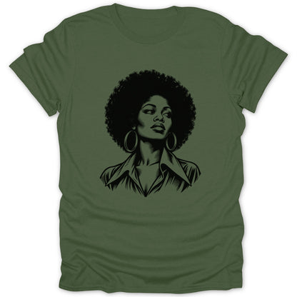 An olive green t-shirt featuring a black graphic illustration of a woman with an afro and hoop earrings.
