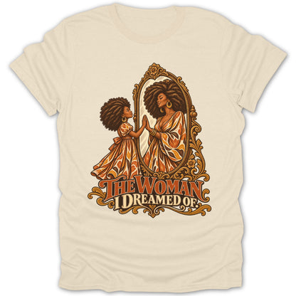 Illustration of a girl and woman with afro hair admiring each other in a mirror.