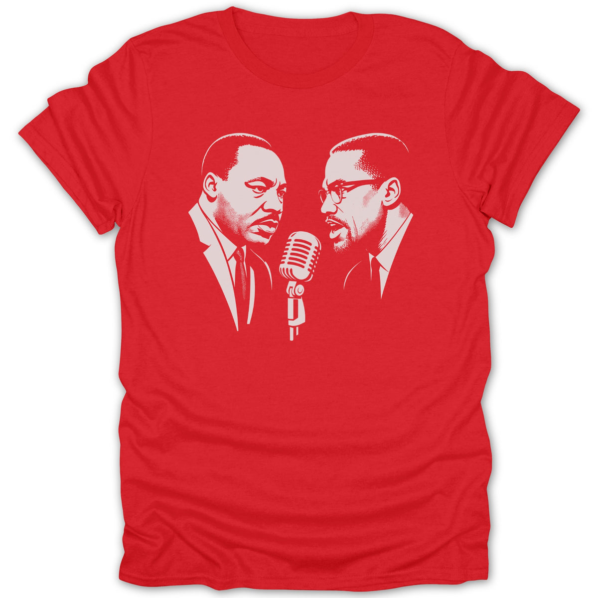 Red t-shirt with white graphic of Martin Luther King Jr. and Malcolm X at a microphone.
