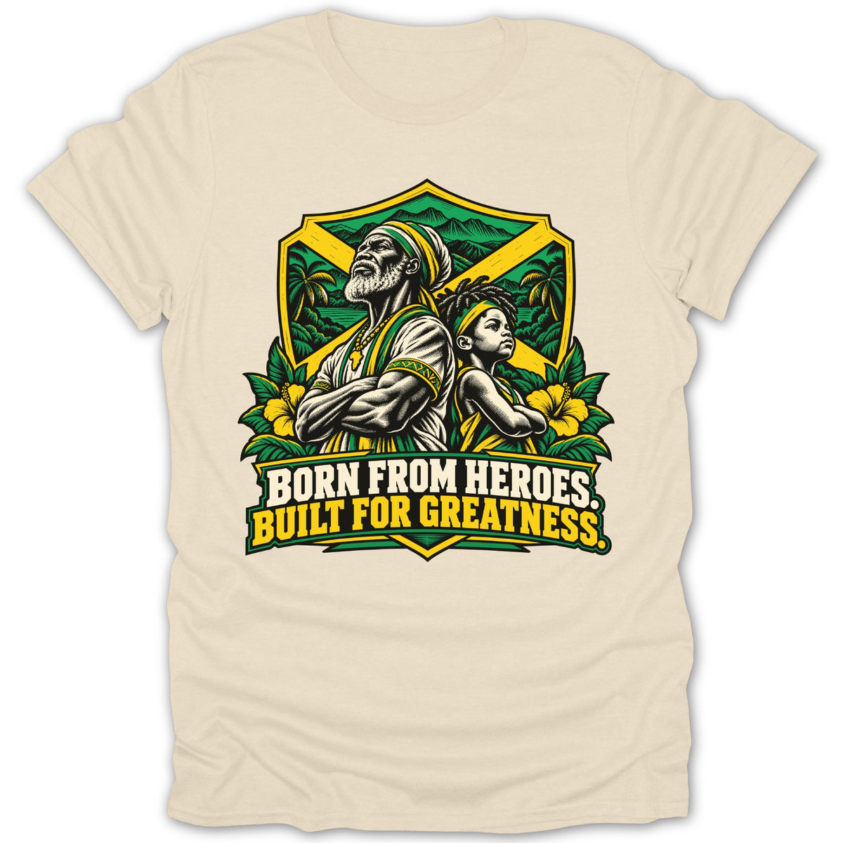Shield with Jamaican colors, two men, palm trees, and text "BORN FROM HEROES. BUILT FOR GREATNESS."
