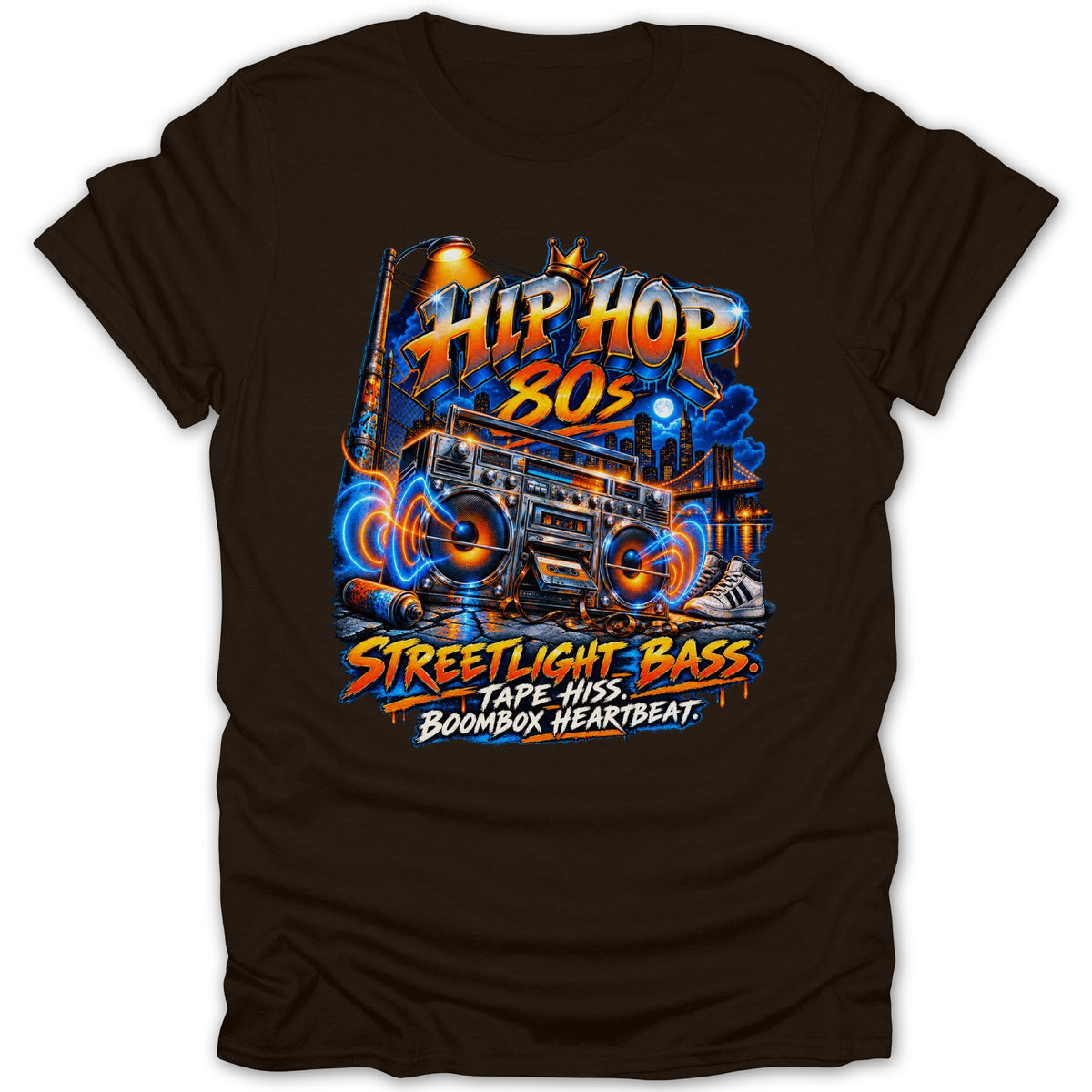 "Hip Hop 80s Streetlight Bass Tape Hiss Boombox Heartbeat" graphic on a brown t-shirt.