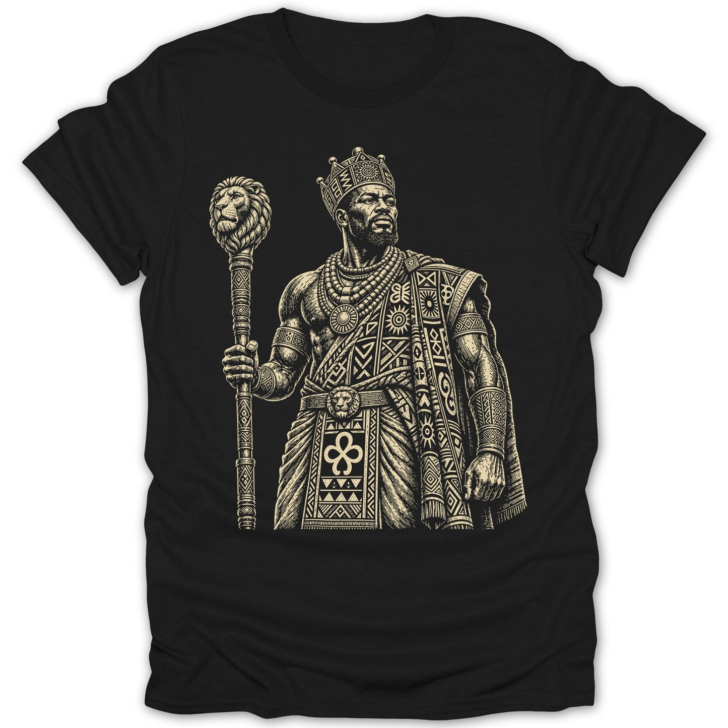 Line art illustration of a king wearing a crown and ornate clothing, holding a lion-headed scepter.