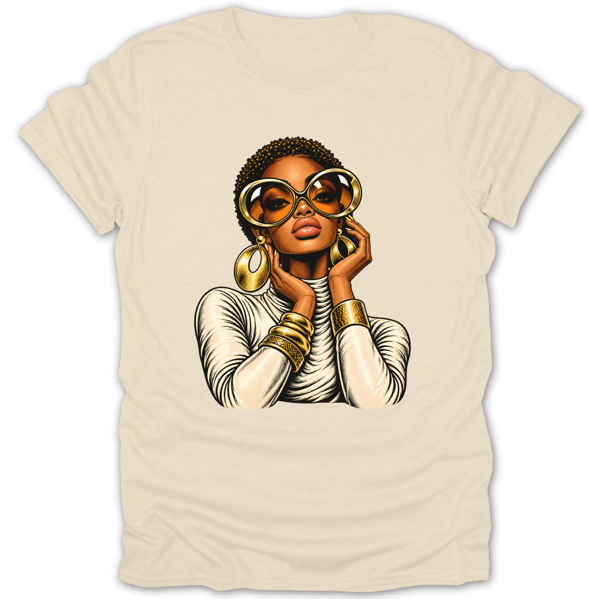 Illustration of a stylish Black woman wearing large sunglasses and gold jewelry.