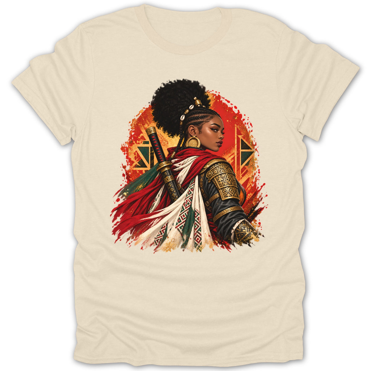 Warrior queen with sword and elaborate headdress on cream t-shirt.