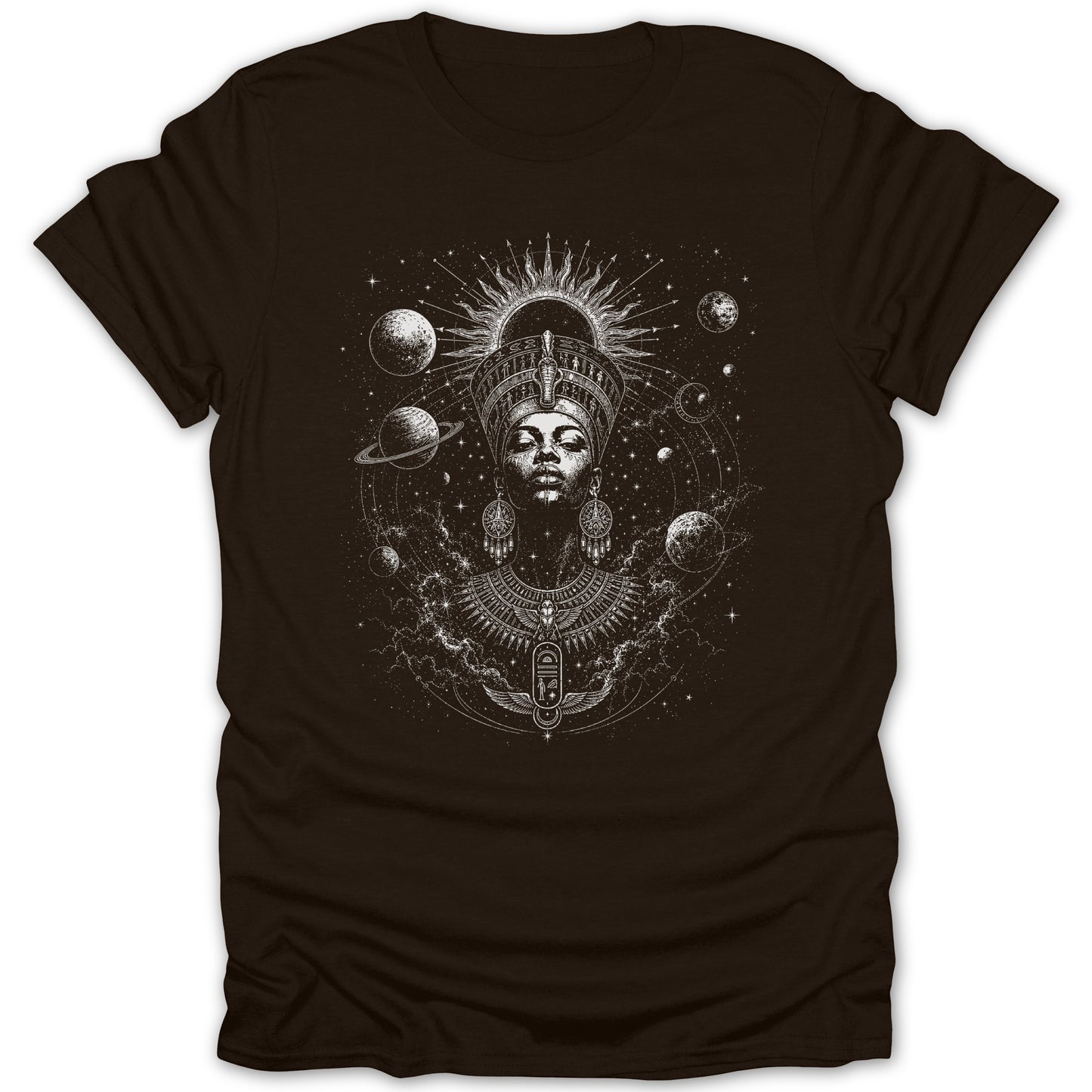 Black t-shirt with white Egyptian queen and celestial bodies graphic.