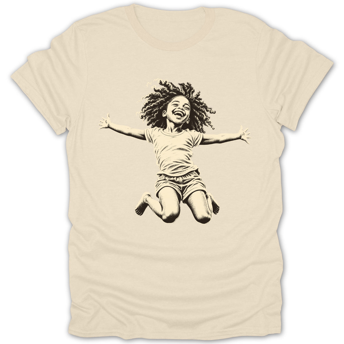 T-shirt with black graphic of a joyful child jumping with arms outstretched.