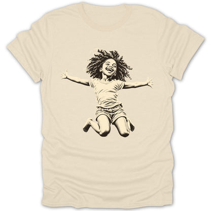 T-shirt with black graphic of a joyful child jumping with arms outstretched.