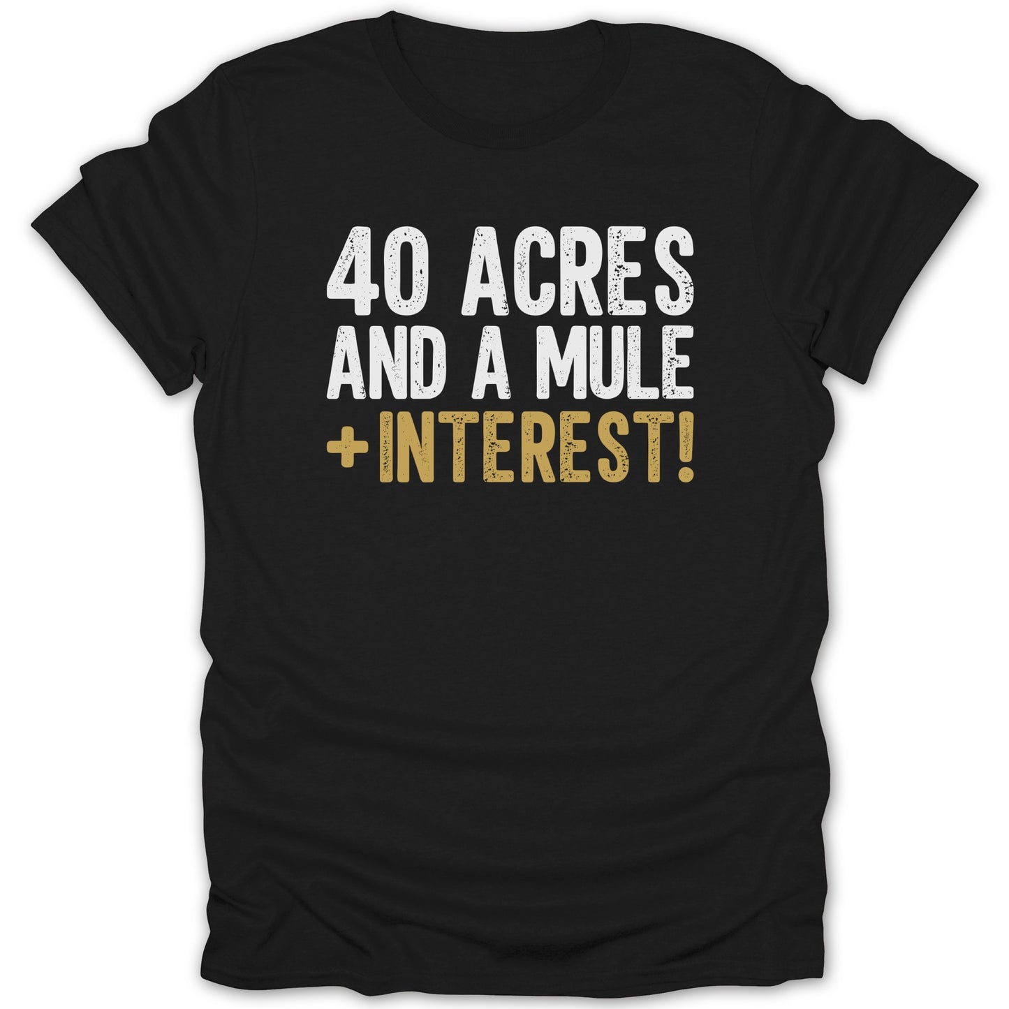 Black t-shirt with distressed white text: "40 ACRES AND A MULE" and gold text "+INTEREST!".