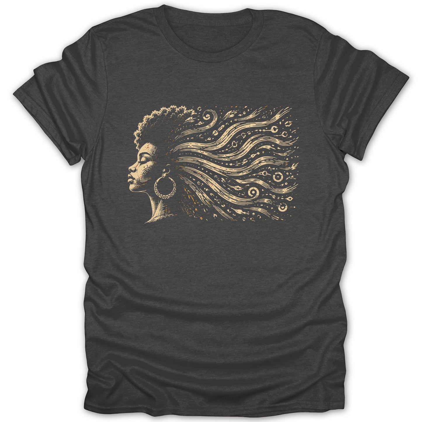 T-shirt with a vintage-style line drawing of a woman's profile and flowing hair.