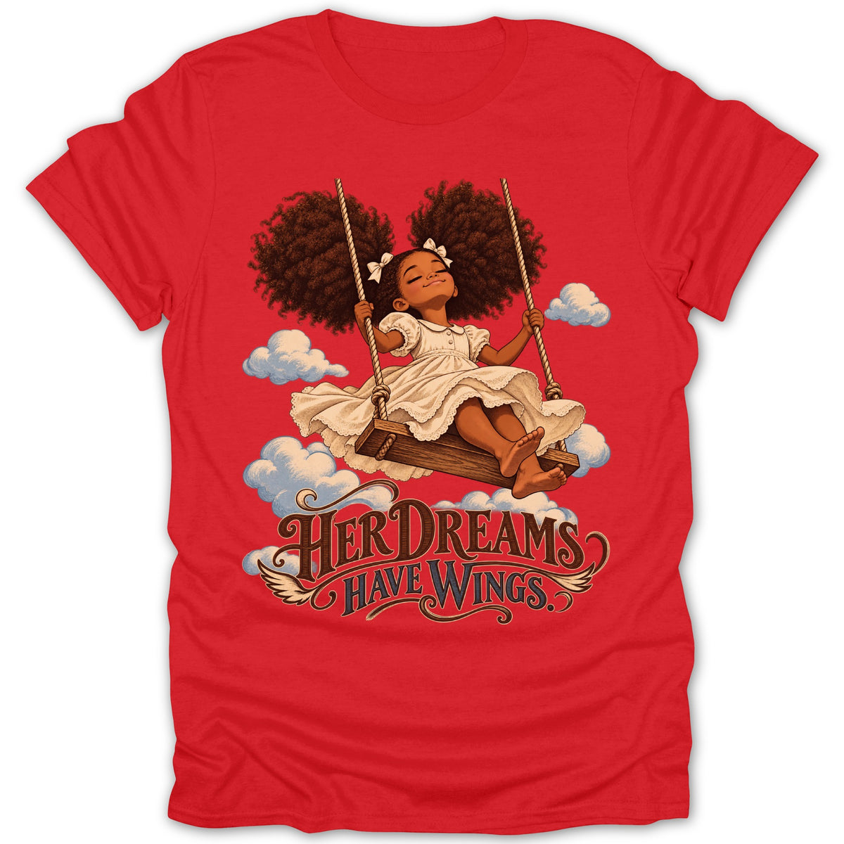 Girl on swing with text "Her Dreams Have Wings" on a red t-shirt.