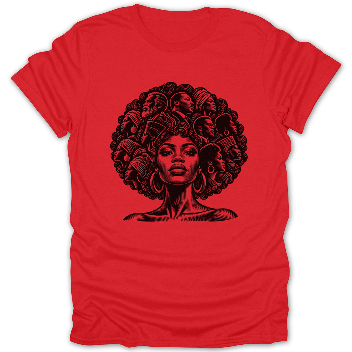 Black and white illustration of Black women's faces and heads forming an afro on a red t-shirt.