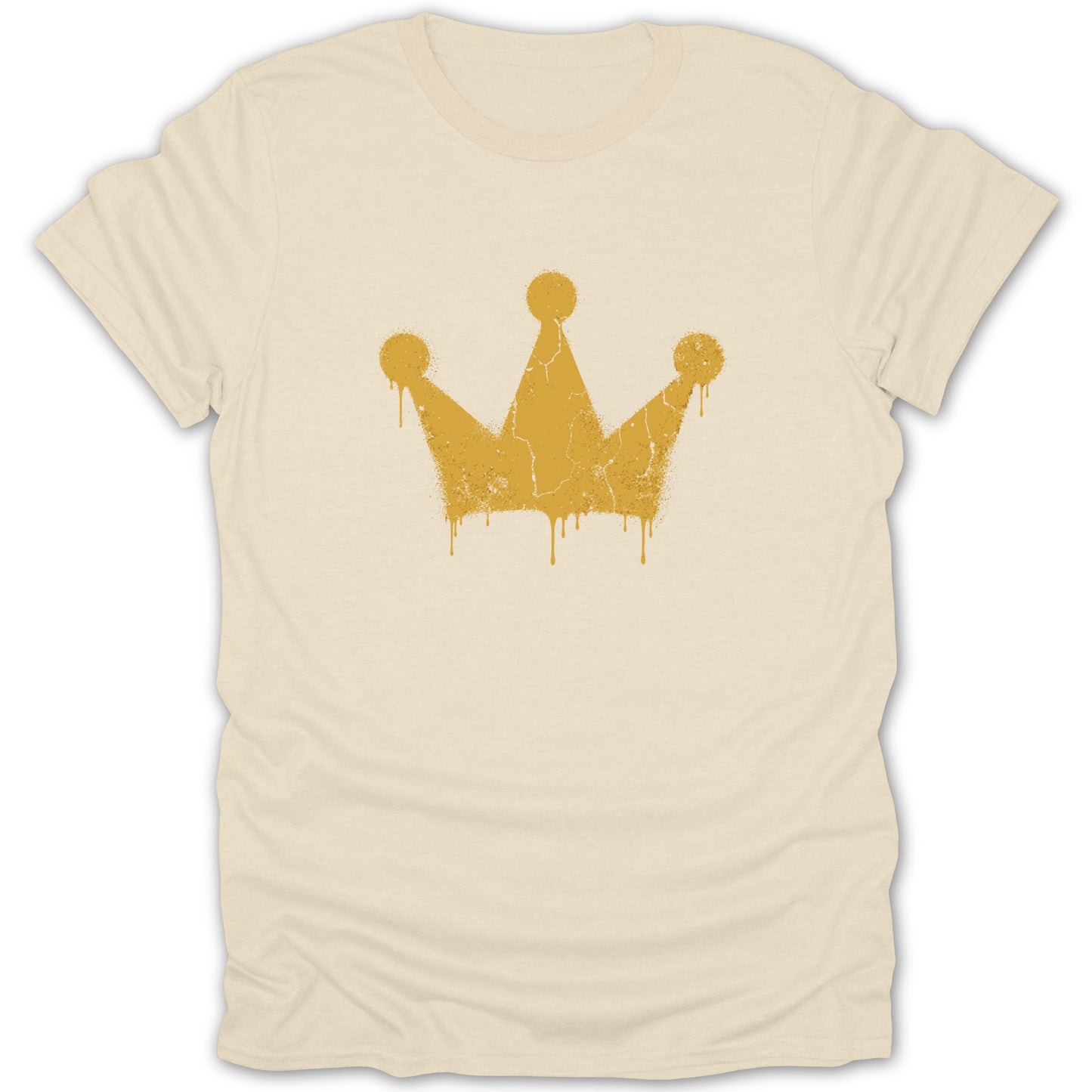 Cream t-shirt with a distressed gold crown graphic and dripping paint effect.