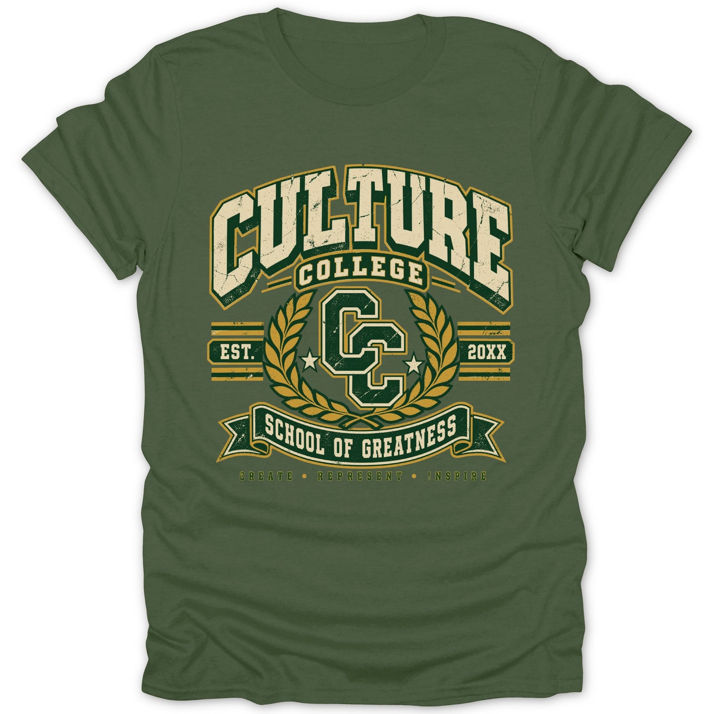 Green t-shirt with distressed "CULTURE COLLEGE" graphic and laurel wreath.