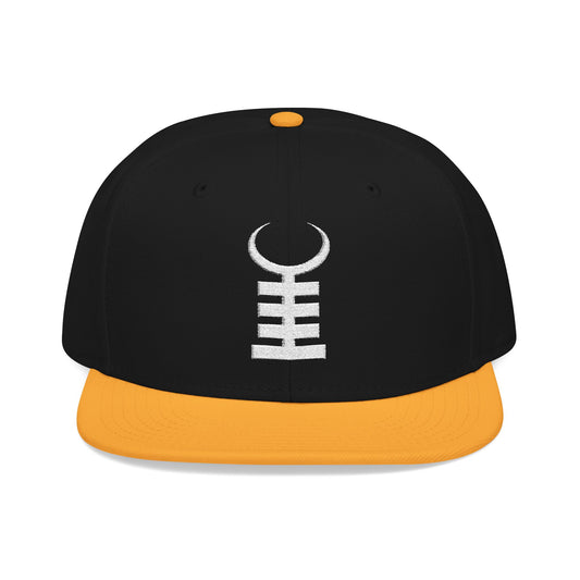 Black flat-brimmed hat with a white embroidered symbol on the front.