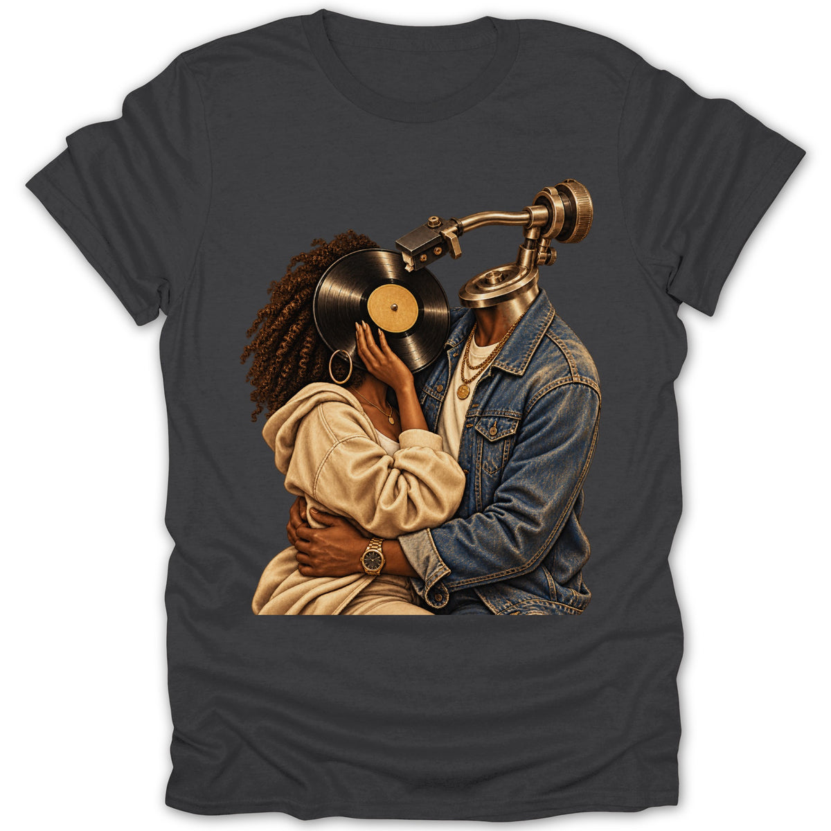 Couple with turntable head and record face embracing.