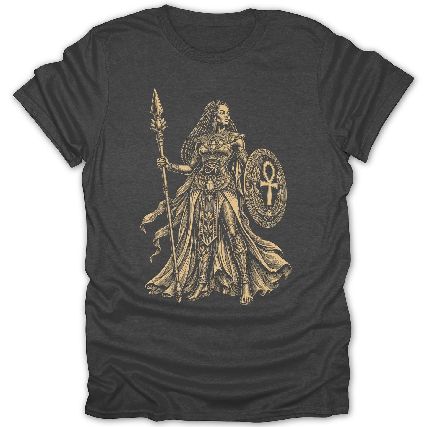 T-shirt with an Egyptian warrior woman holding a spear and shield.