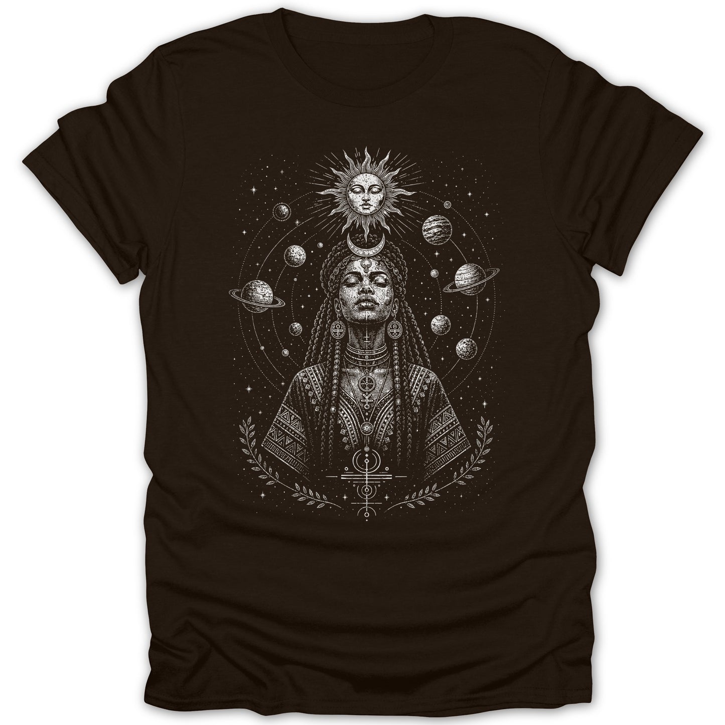 Brown t-shirt with celestial art featuring a woman, planets, sun, and stars.