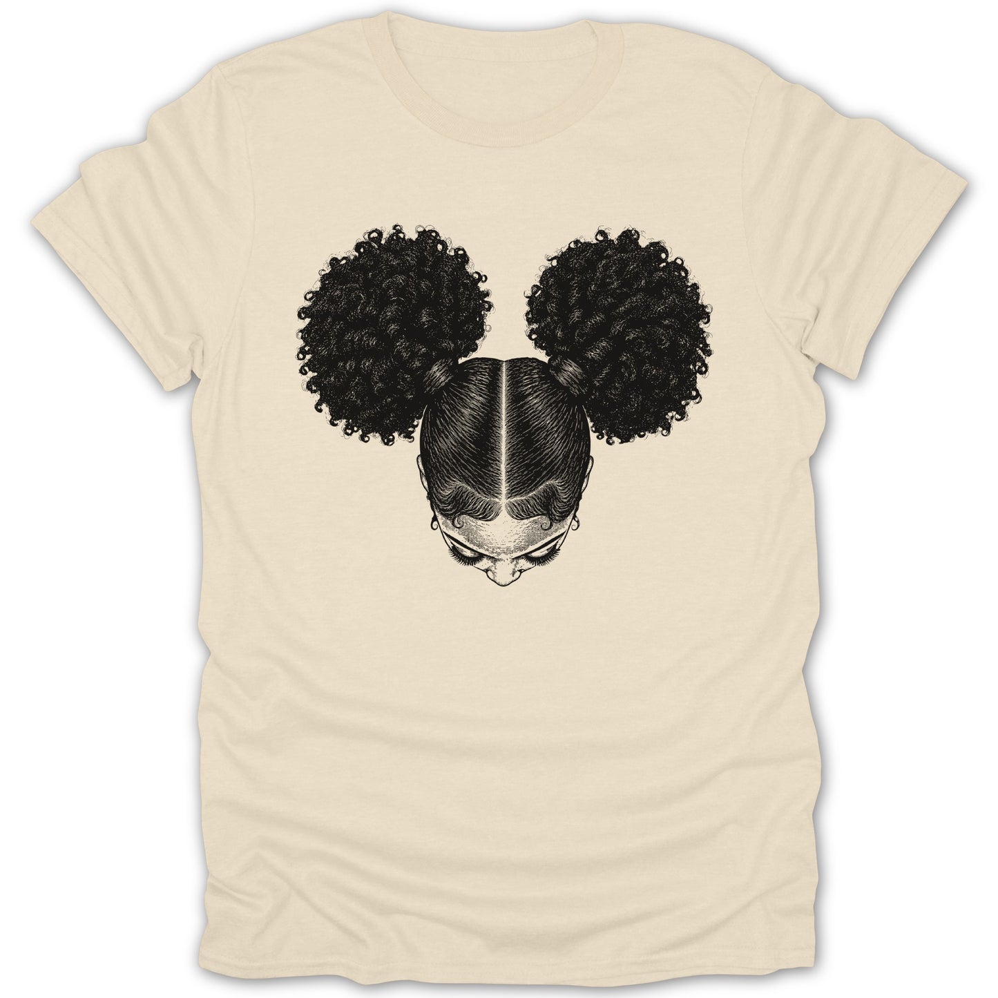 Illustration of a person's head with curly pigtail buns on a cream t-shirt.