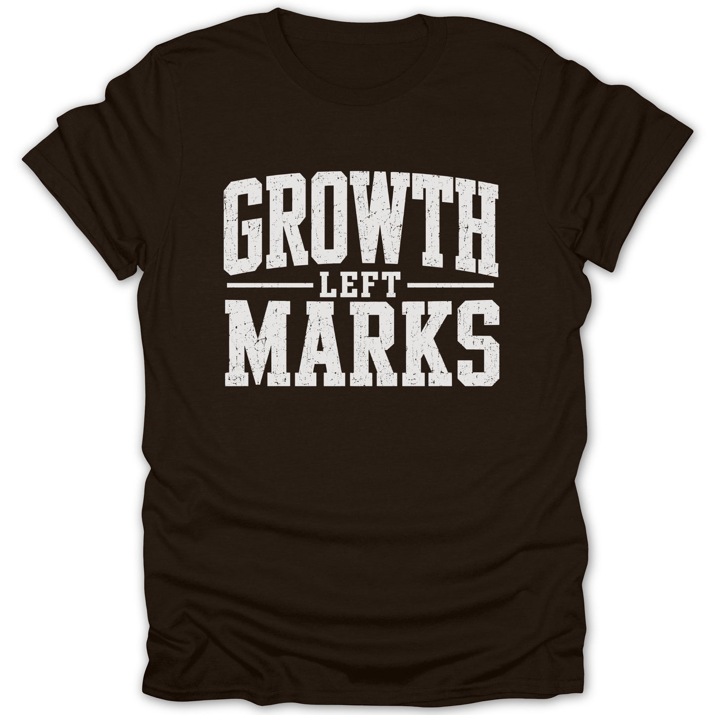 Brown t-shirt with white distressed text reading "GROWTH LEFT MARKS".