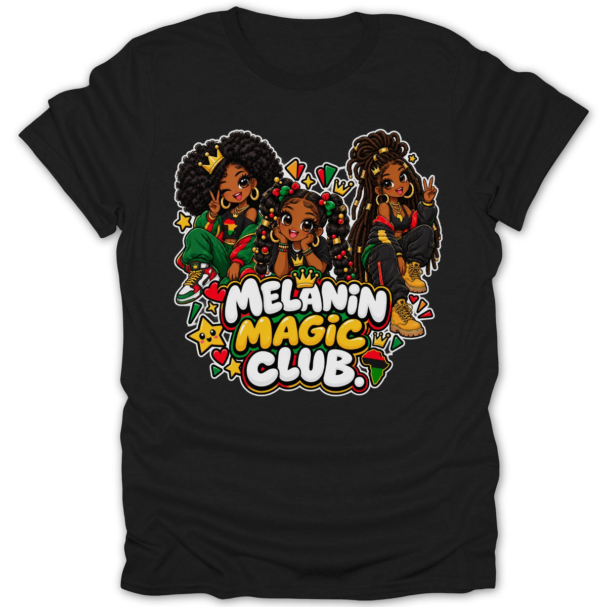 Three cartoon girls with crowns and African-themed clothing are pictured with the words "Melanin Magic Club."