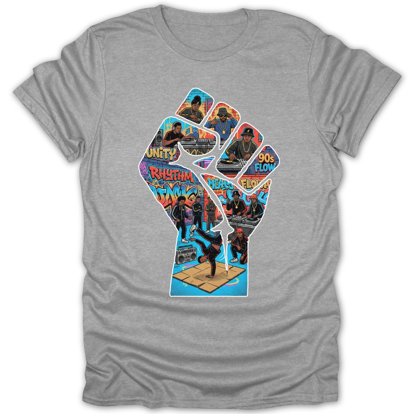 Vibrant Hip-Hop Collage Art Design on Gray T-Shirt