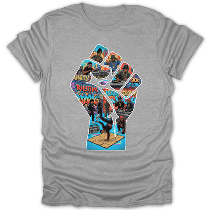 Vibrant Hip-Hop Collage Art Design on Gray T-Shirt