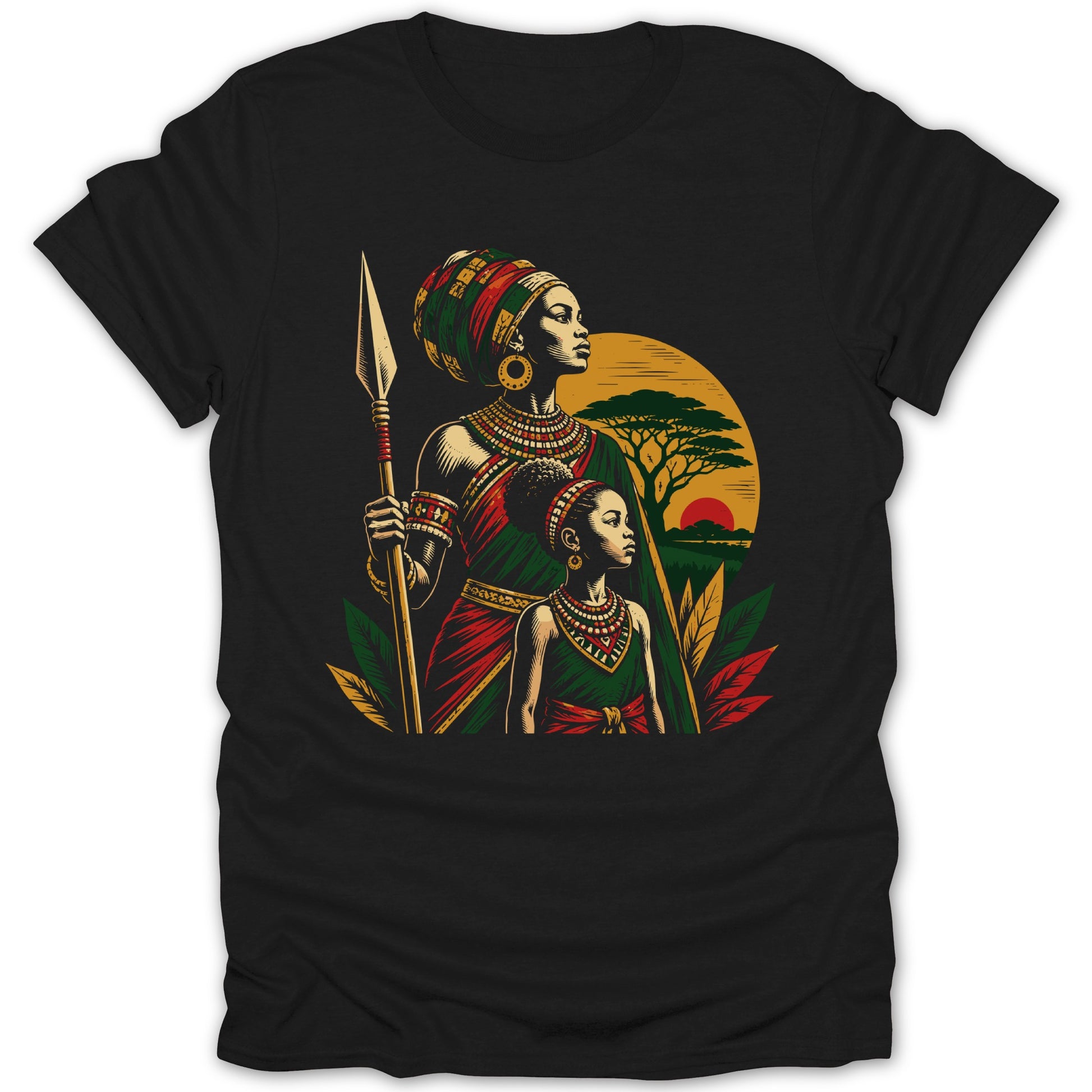 Illustration of two Black women and a child with a spear against a savanna sunset.