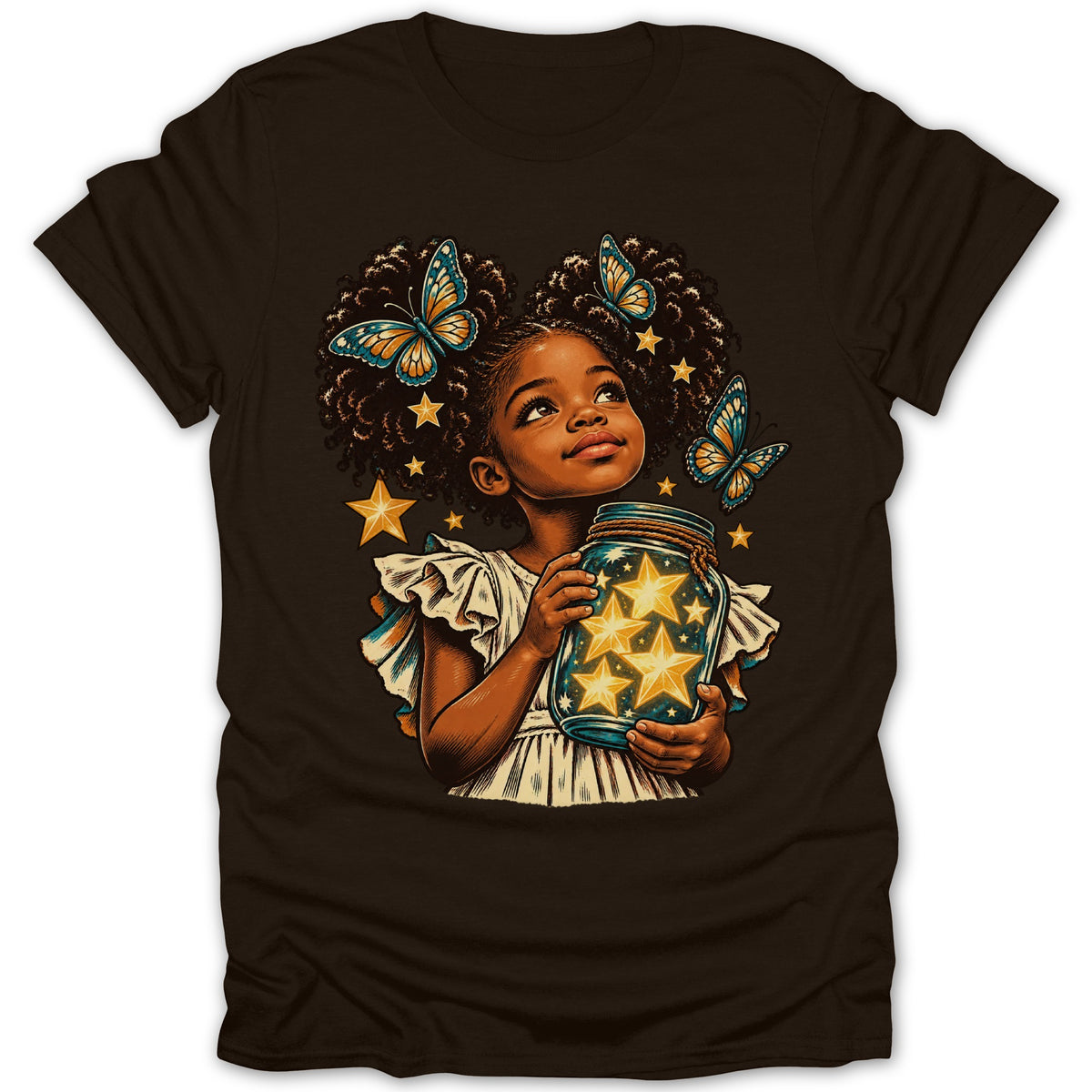 Girl holding a jar of glowing stars, with butterflies and stars around her.