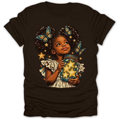 Girl holding a jar of glowing stars, with butterflies and stars around her.