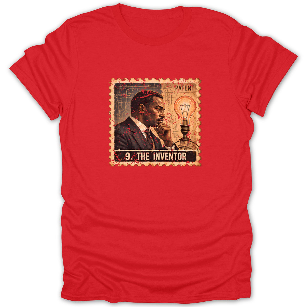 A bright red t-shirt printed with a vintage postage stamp design featuring a man, a lightbulb, and the text 9. THE INVENTOR.