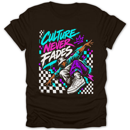 Brown t-shirt with "CULTURE NEVER FADES" text and breakdancer graphic.