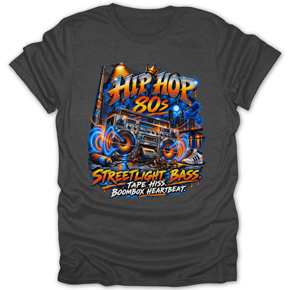 T-shirt with "Hip Hop 80s Streetlight Bass" graphic featuring a boombox and city skyline.