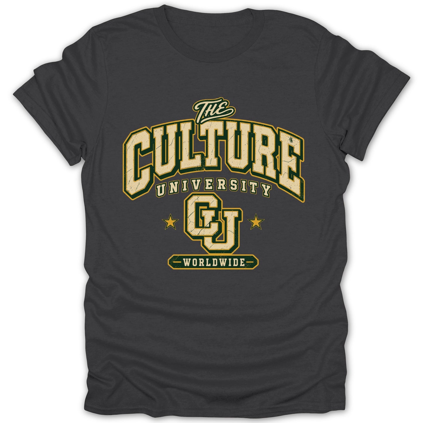 Dark grey t-shirt with "The Culture University CJ Worldwide" graphic.