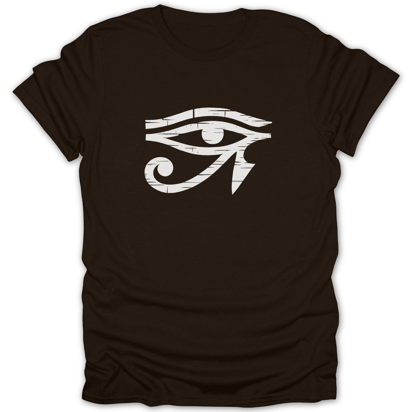 Brown t-shirt with a distressed white Eye of Horus graphic.
