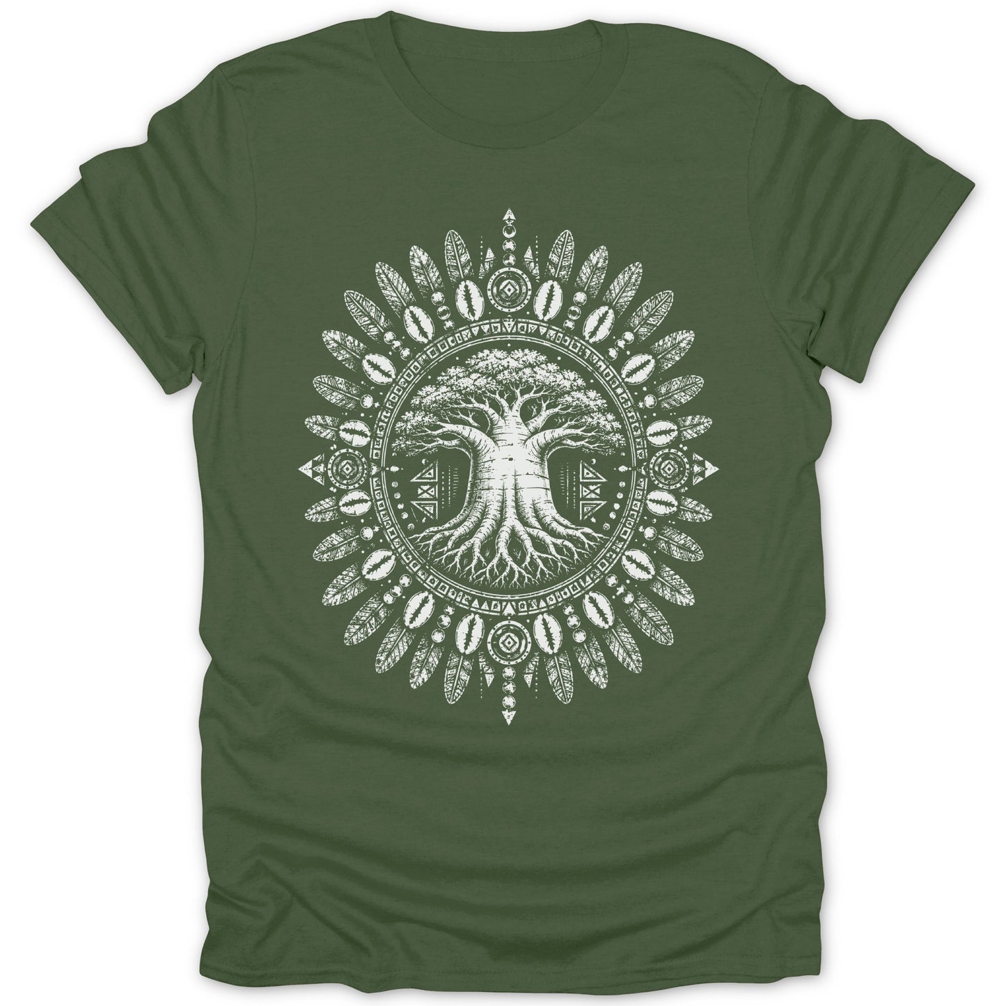 Green t-shirt with a white circular design featuring a tree and tribal patterns.