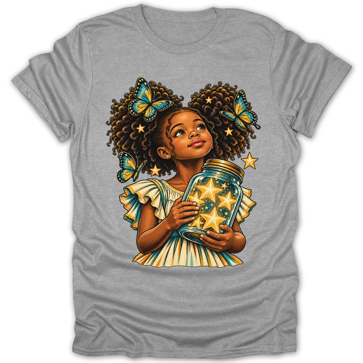 Girl with butterflies holding a jar of stars.