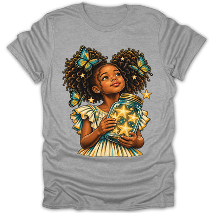 Girl with butterflies holding a jar of stars.
