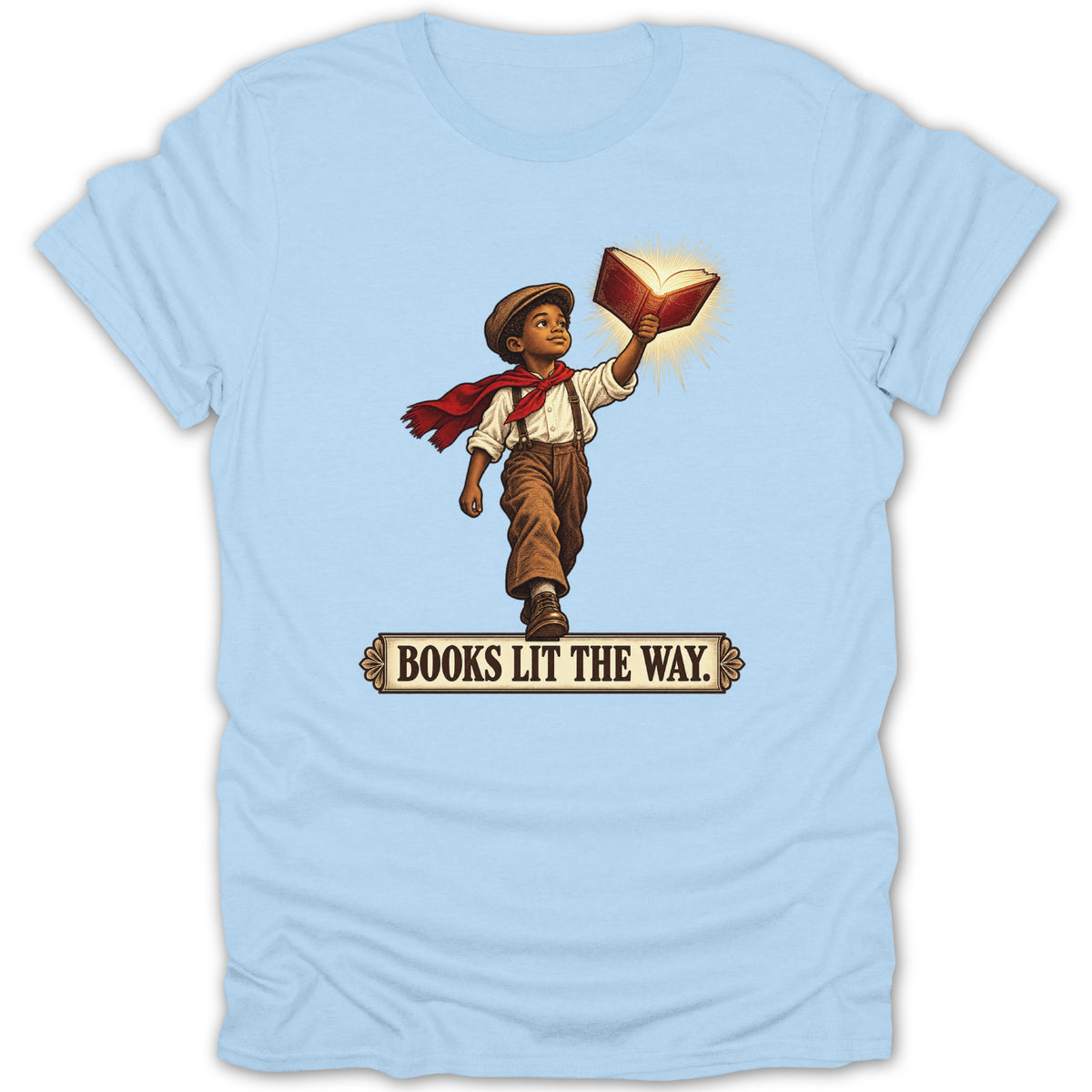 Boy in vintage clothes holds glowing book above head with text "BOOKS LIT THE WAY".