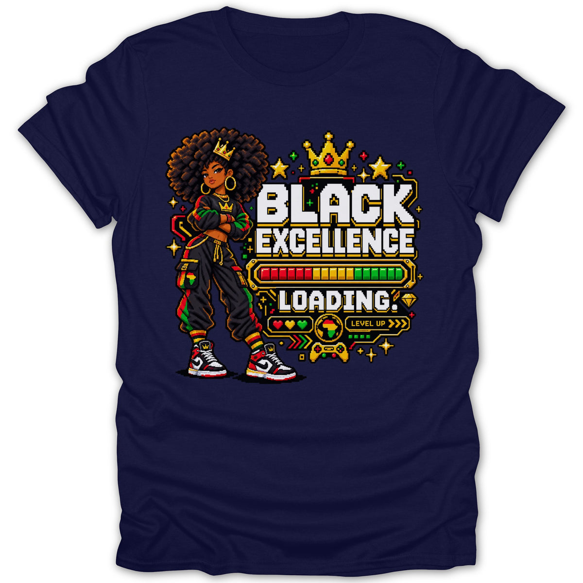 Black girl with crown and "Black Excellence Loading" text and loading bar.