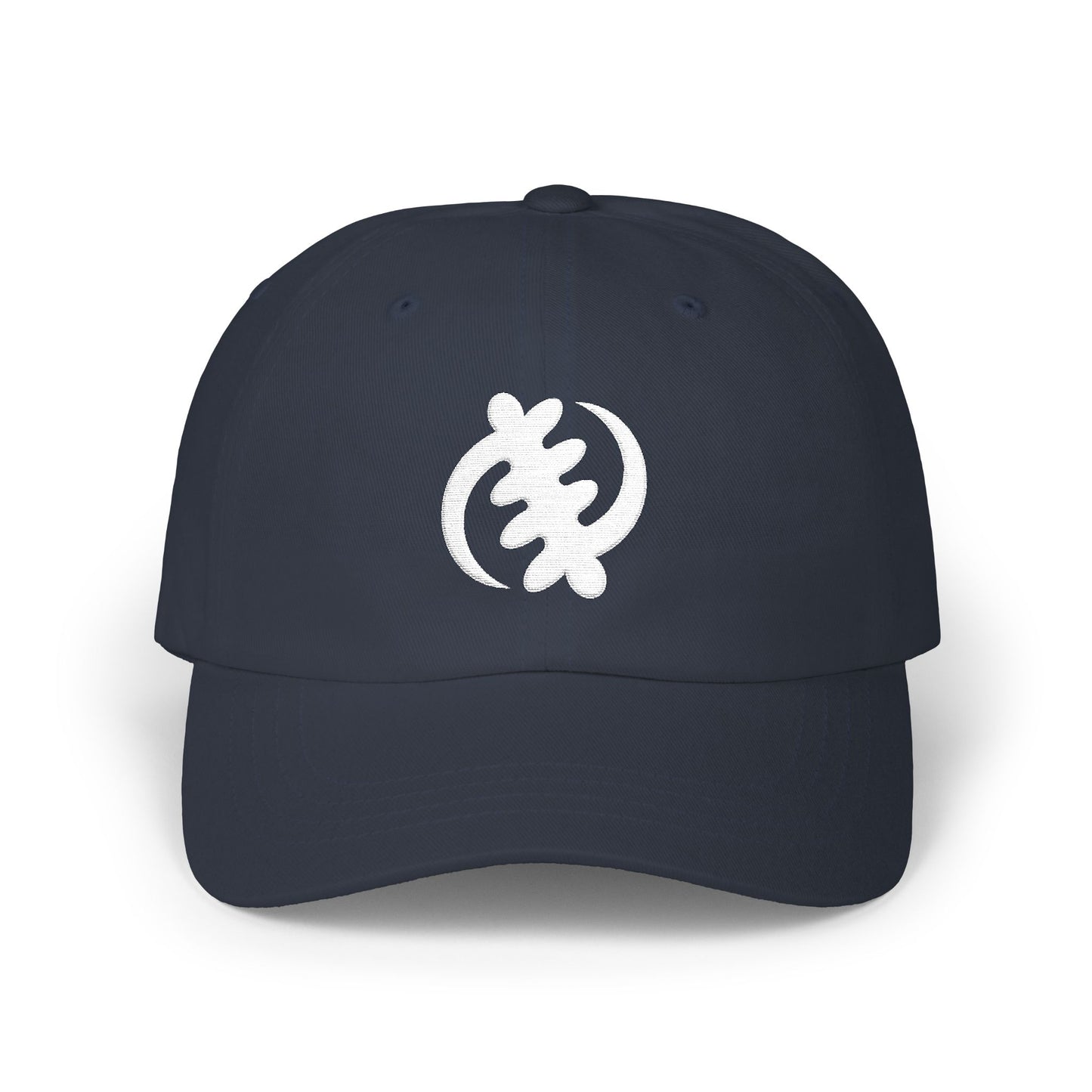 Navy blue baseball cap with white Adinkra symbol Sankofa.