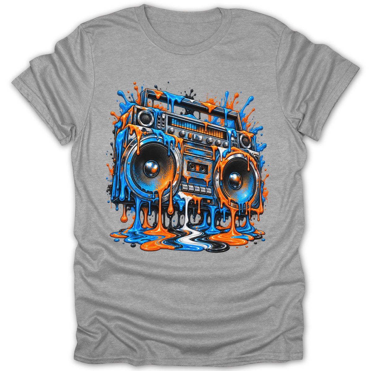 Graffiti-style boombox with melting blue and orange paint on a gray t-shirt.