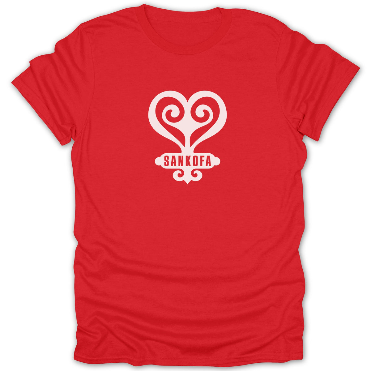 A red short-sleeved t-shirt featuring a white Sankofa Adinkra symbol on the chest.
