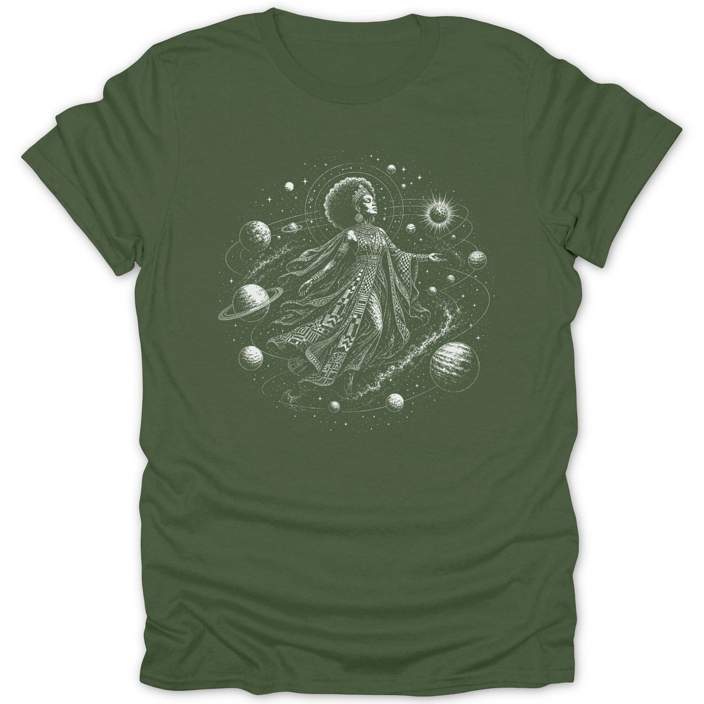 Illustration of a woman with an afro surrounded by planets and stars.