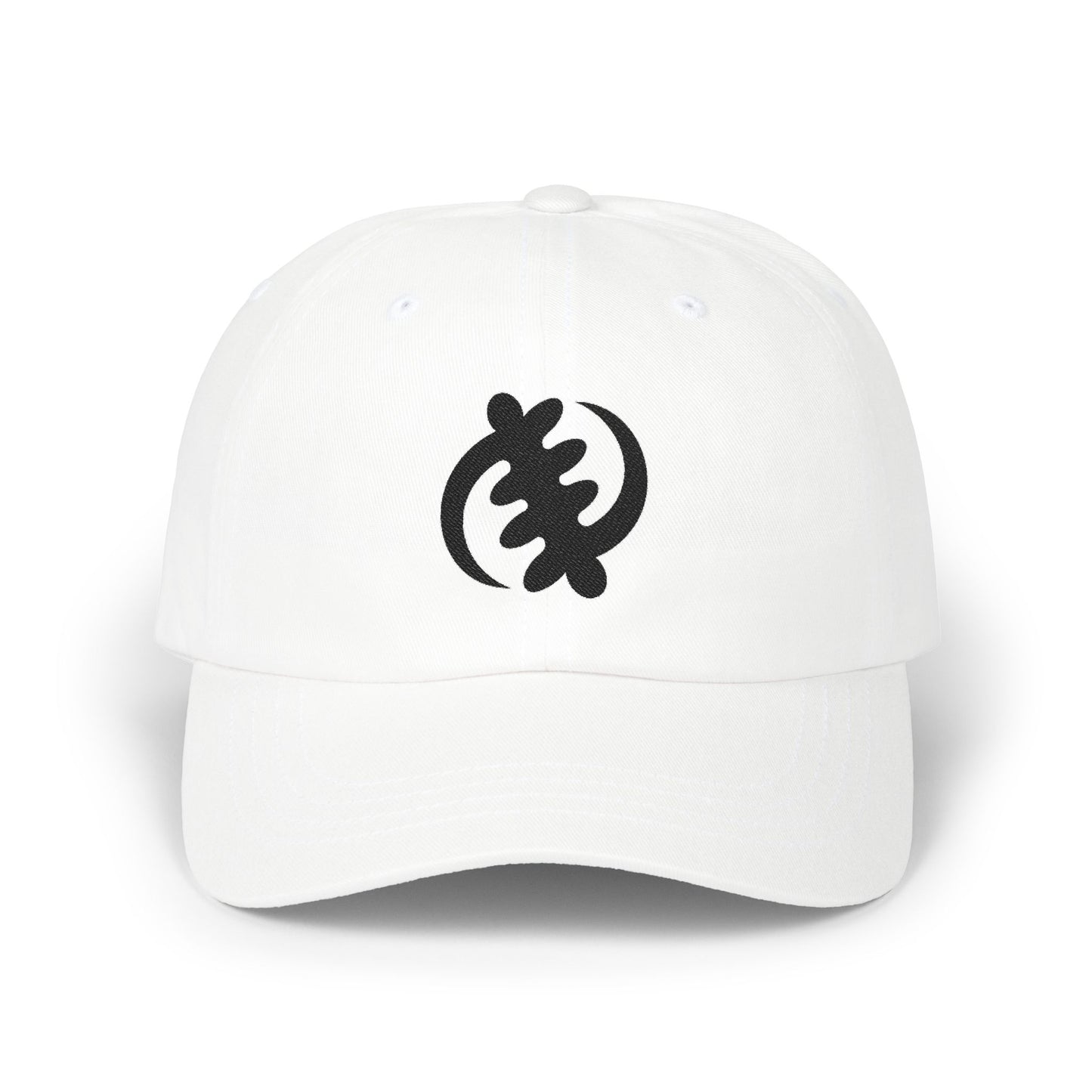 White baseball cap with black Adinkra symbol Gye Nyame embroidery.