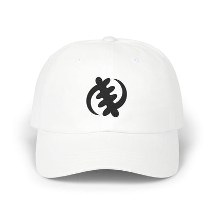 White baseball cap with black Adinkra symbol Gye Nyame embroidery.