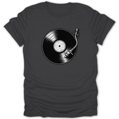 Dark t-shirt with a black and white graphic of a turntable and vinyl record.