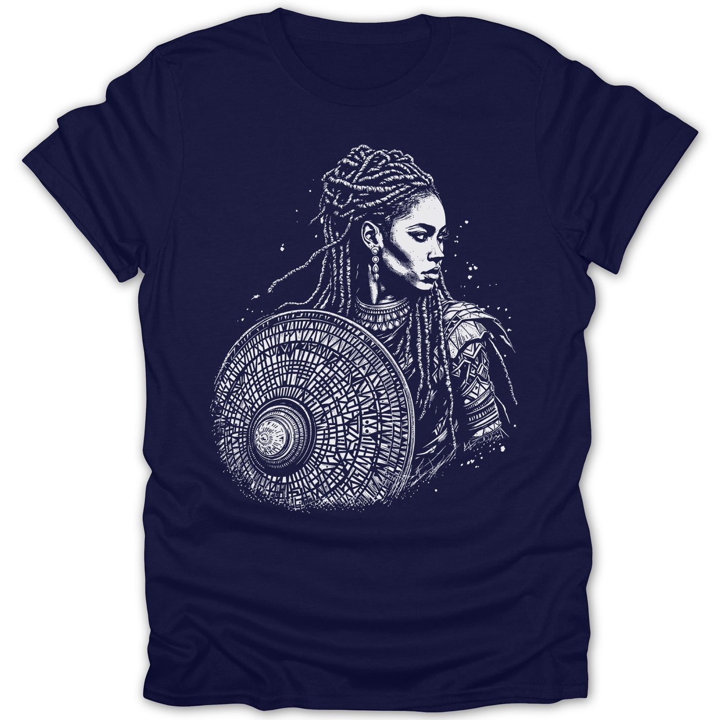 Black and white illustration of a warrior woman with a shield on a navy t-shirt.