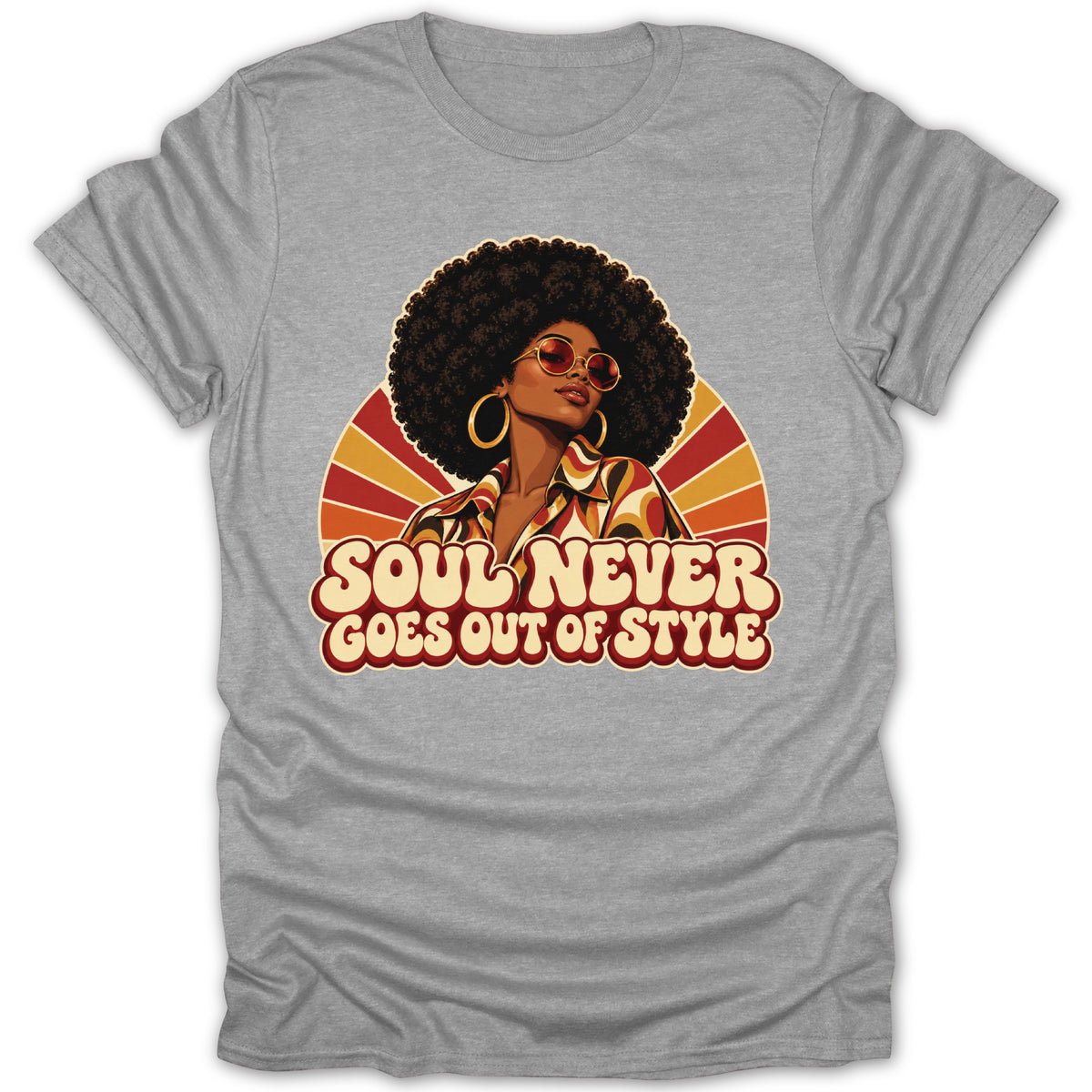 T-shirt with graphic of woman with afro and text "Soul Never Goes Out Of Style".