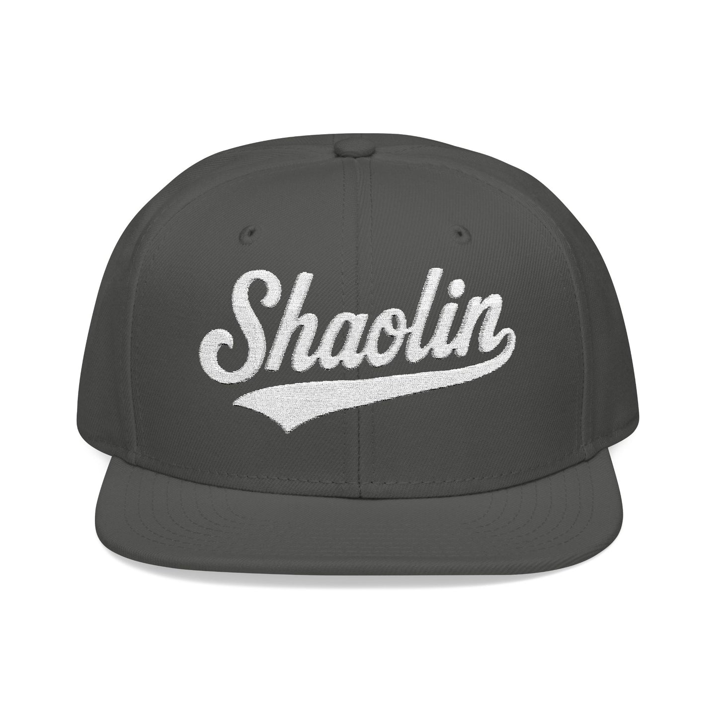 Dark gray snapback hat with white "Shaolin" text embroidered on the front.