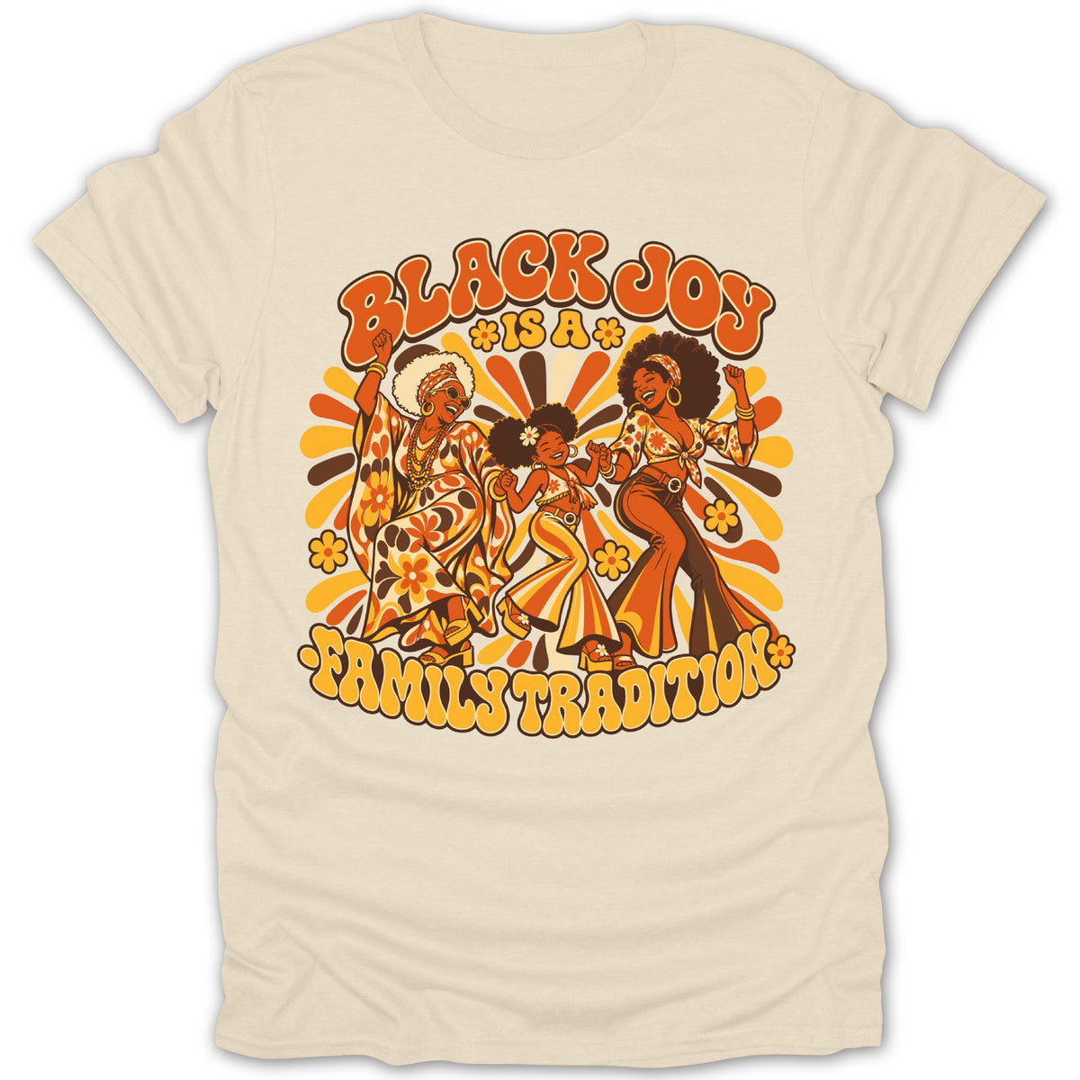 Retro illustration of three Black women dancing and the text "Black Joy is a Family Tradition".